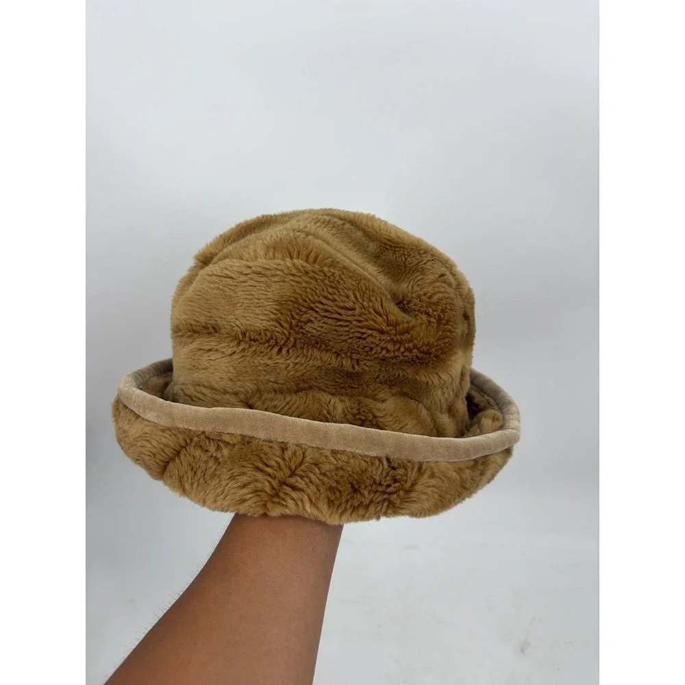 VTG y2k Liz Clairborne womens bucket hat faux fur maximalist glam Brown
